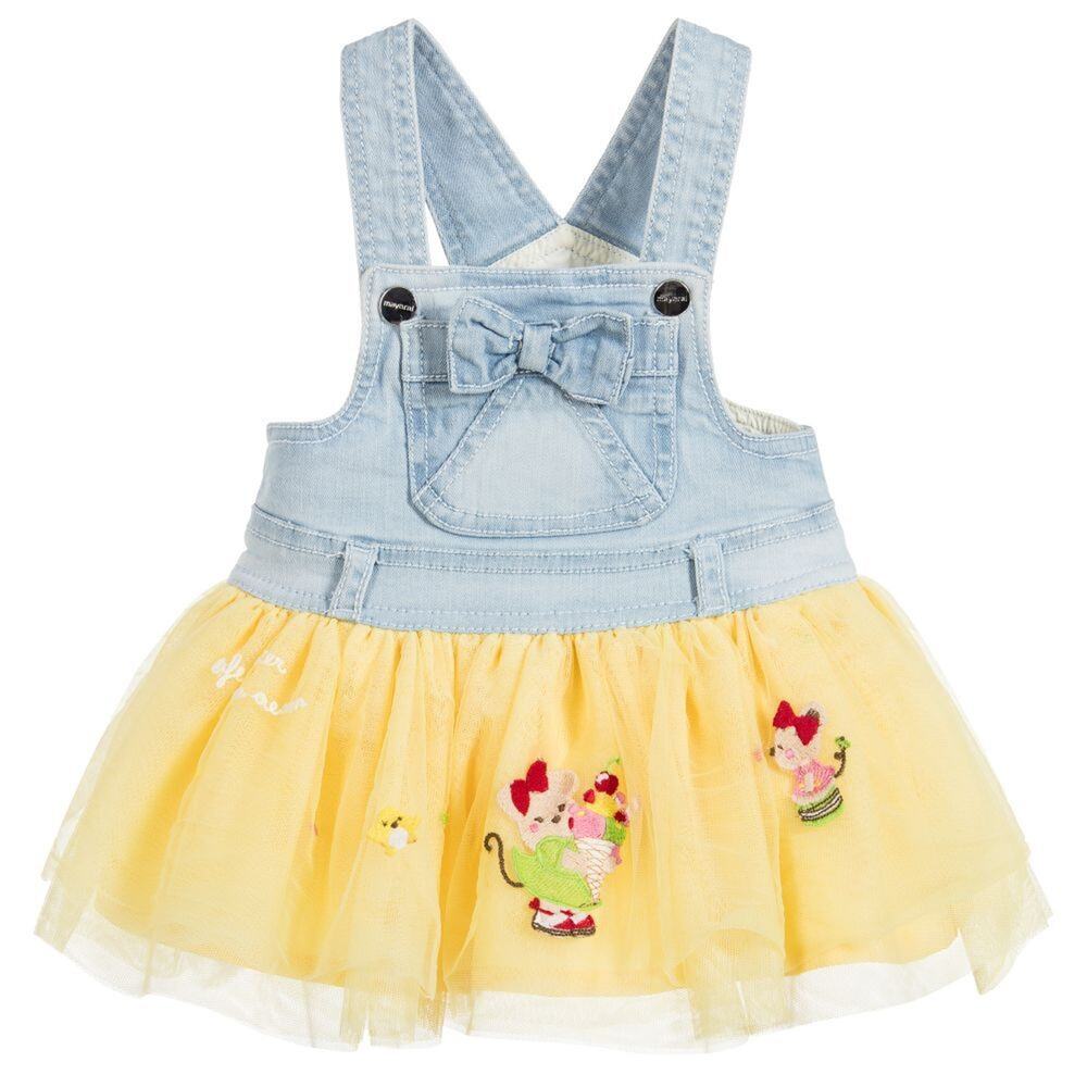 MAYORAL Yellow Denim Pinafore Tutu Dress Overalls Blue Bow 12M 12 Months NWT